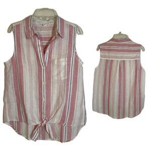 Beach Lunch Lounge Linen Cotton Pink Blue White Striped Button Waist Tie Top